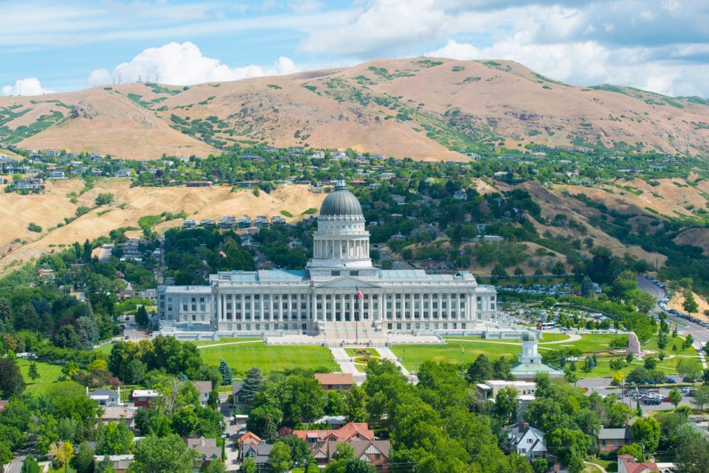 Aerial view of Utah State Capitol from the top of LDS Church Office Building in Salt Lake City, Utah, USA. Aerial view of Utah State Capitol from the top of LDS Church Office Building in Salt Lake City Utah USA. from Tumbleweed Travel