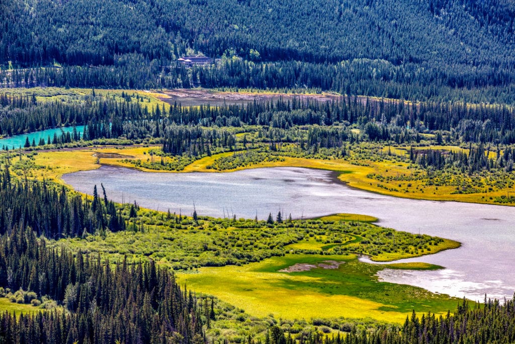 Aerial view of Vermillion Lake besides Bow River near Banff Downtown Alberta Canada from Tumbleweed Travel