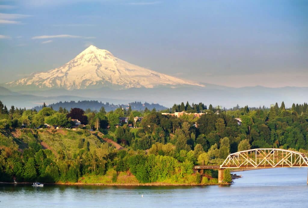 Portland Steel Bridge and the Mt hood from Tumbleweed Travel