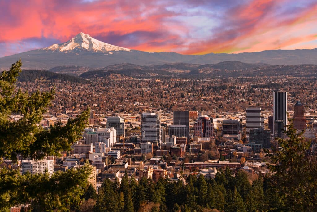 Sunrise View of Portland, Oregon from Pittock Mansion. Sunrise View of Portland Oregon from Pittock Mansion. from Tumbleweed Travel